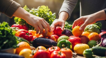 Fresh Harvest: Hands Selecting Colorful Fruits and Vegetables in Sunlight