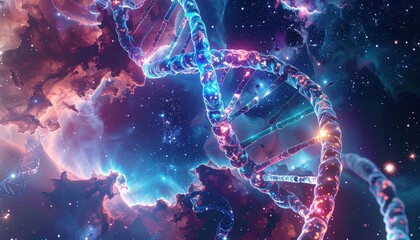 A glowing DNA double helix floats in a vibrant, cosmic nebula, blending elements of science and outer space.