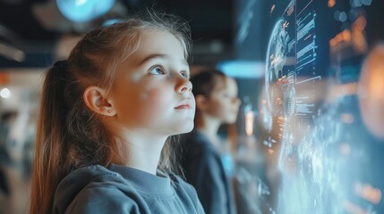 Child interacting with futuristic touchscreen display