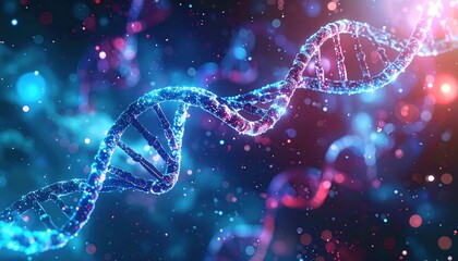 A glowing DNA double helix structure with vibrant blue and pink lights, representing genetics and molecular biology.