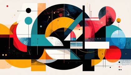 Colorful abstract geometric shapes and lines form a dynamic modern art composition with overlapping circles and rectangles.
