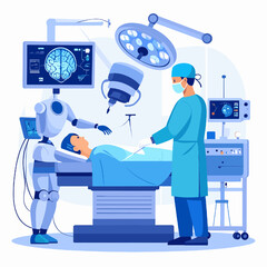 Robotic Surgery Scene Featuring a Surgeon and Robot Assisting with Operation in Brightly Lit Operating Room Equipped with Advanced Medical Technology