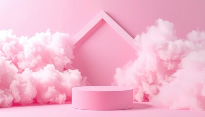 Minimalist pink scene with a circular podium, geometric frame, and fluffy clouds creating a dreamy, soft atmosphere.