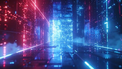 Futuristic glowing corridor with blue and red neon lights, reflecting a digital, cyberpunk, and high-tech atmosphere.