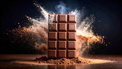 A chocolate bar stands upright with cocoa powder dramatically exploding around it on a dark background.