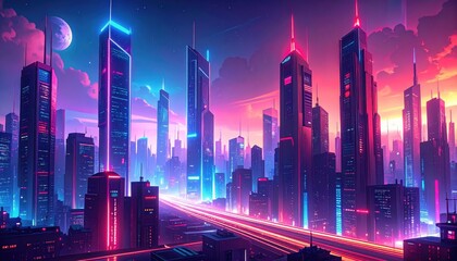 Futuristic neon cityscape with glowing skyscrapers, vibrant lights, and a dramatic sunset sky.