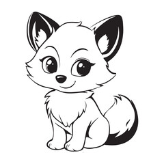 Cute kawaii wolf silhouette, Cute Wolf Vector Logo in Black and White Outline Design, 