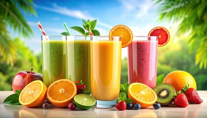 Colorful fresh fruit juices in glasses surrounded by assorted fruits on a sunny outdoor table.