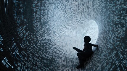 Child Inside Cylindrical Tunnel of Text, Abstract Art, Possible Use Inspiration, Art
