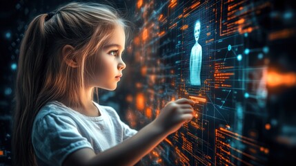 Child interacts with futuristic holographic display (1)