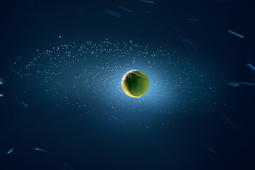 Flying tennis ball in dark background with orbiting particles and glowing elements. Concept of...