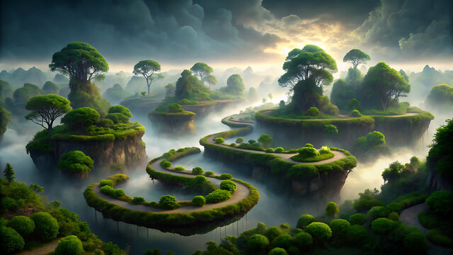 Serene winding road through misty fantasy landscape