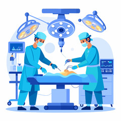 Surgical Operation in Progress with Surgeons in Blue Scrubs Under Bright Operating Lights on Table in a Sterile Operating Room