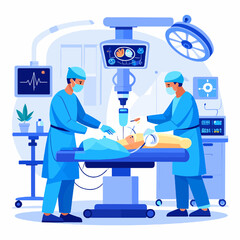 Surgical Team Performing Operation on Patient Under Bright Lights in Operating Room with Medical Equipment Monitors in Blue and White Tone