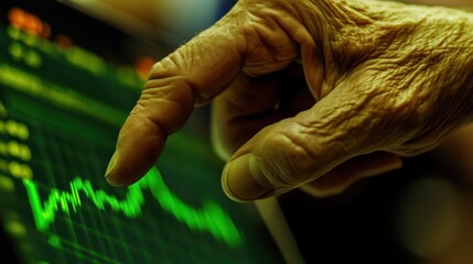 A textured elderly hand points to a glowing green graph on a screen's surface