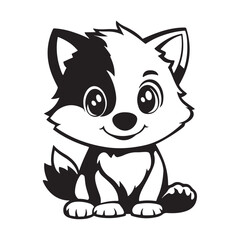 Cute kawaii wolf silhouette, Cute Wolf Vector Logo in Black and White Outline Design, 