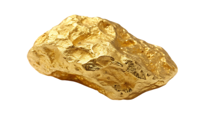 Raw natural gold nugget with textured surface isolated on transparent background