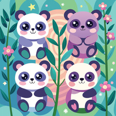 Fototapeta premium Four Adorable Cartoon Panda Cubs Separately Designed