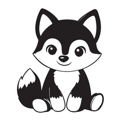 Cute kawaii wolf silhouette, Cute Wolf Vector Logo in Black and White Outline Design, 
