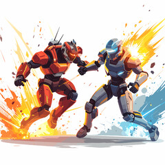 Two Robots in Intense Pixelated Battle with Fiery Explosions on White Background