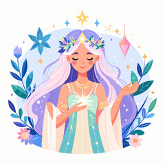 Magical Woman with Floral Crown Holding Star in Fantasy Illustration with Pastel Colors and Decorative Elements