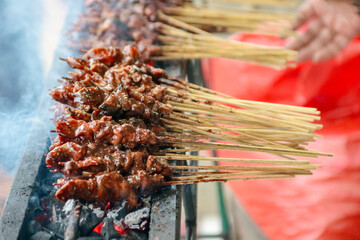 Grilling Meat Skewers Over Charcoal with Smoke