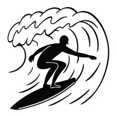 Black Silhouette Surfer Riding Large Ocean Wave Abstract Line Art Design surfing