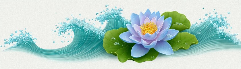 Gentle water lilies amidst flowing waves nature scene watercolor illustration serene environment artistic perspective