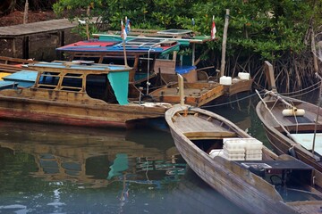Traditional Fishing Boats Moored in Calm Waters