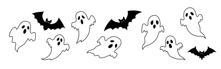 Collection of hand drawn cute and scary Happy Halloween ghosts and bats isolated on transparent background. Editable stroke. Vector Halloween sticker, icon set