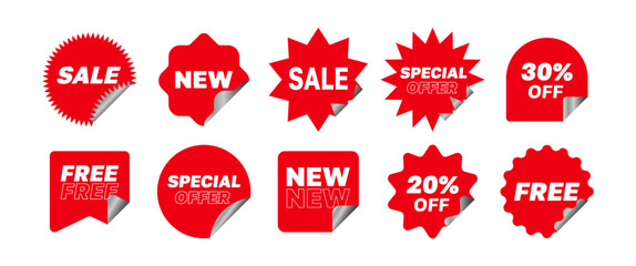 Red Promotion Sticker Vector Set, Sale, Discount, New Product, and Special Offer Tags with Folded Corner Design