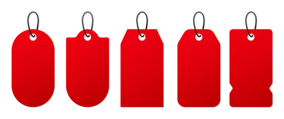 Isolated Minimal Red Hanging Labels Set, Blank Price Tags for Sale and Promotion Display, Editable