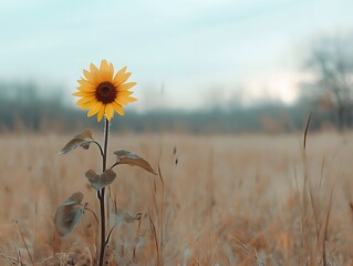 Lone Sunflower with Autumn Field.