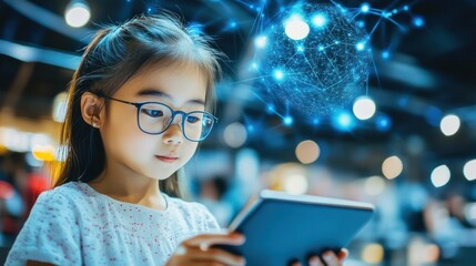 Child using tablet, abstract digital network overlay, casual setting