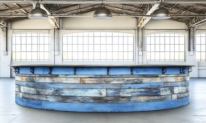A rustic blue bar structure inside a well lit industrial building
