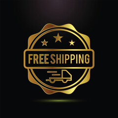 Golden free shipping badge with truck icon and stars on black background