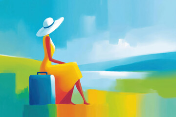 An elegant woman in a yellow dress and white hat sits on a suitcase, looking at an abstract sea landscape. Modern, painterly illustration of travel, vacation, and relaxation.
