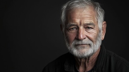 Obraz premium An elderly man with a beard and mustache, wearing a black shirt, against a dark background.