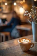 Latte art coffee on wooden cafe table