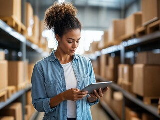 Warehouse manager using digital tablet checking inventory in large distribution center