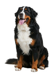 Bernese mountain dog sitting attentively with its tongue out isolated on transparent background