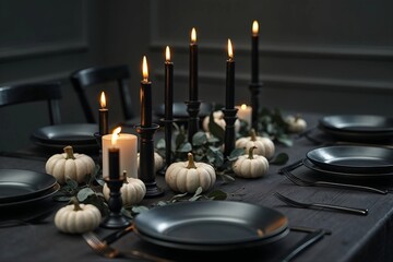 Elegant autumn tablescape with black dinnerware, candles, and white pumpkins.