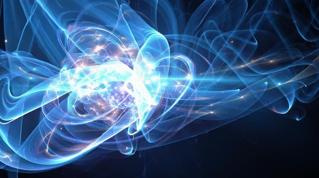 Visual of glowing electron paths orbiting a hydrogen atom core on a blue background. Futuristic, scientific, and abstract&mdash;perfect for physics, quantum theory, or tech-related visuals.
