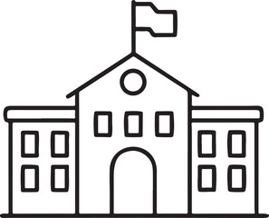 Educational Building Icon, Schoolhouse with Roof Flag, Clean Structure Illustration in Minimal Black Line Style