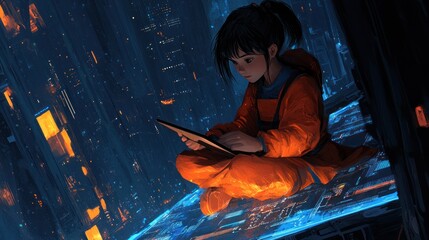 Child using tablet in futuristic city