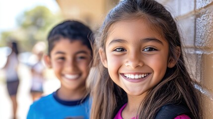 Two children, a boy and a girl, standing against a brick wall with a school building in the background.
