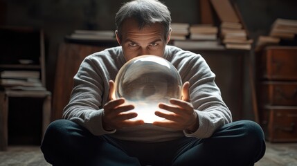 Focused man sitting cross-legged holding a glowing crystal ball in dim lighting