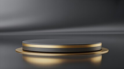 Dark gray circular podium with gold trim on reflective surface stage platform