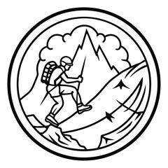 Climber Ascending Rocky Mountain Peak Black Line Art Illustration Backpacker Hiking Adventure
