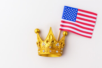 Symbolic image of a gold royal crown paired with the U.S. flag, representing American power, leadership, patriotism, and authority.